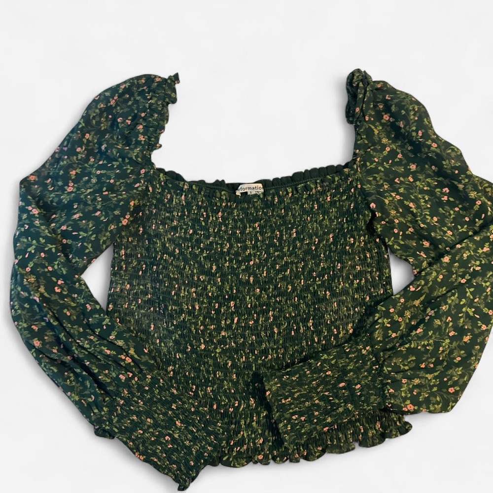 Reformation Green Puff Sleeve Blouse